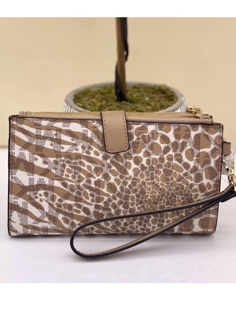 Michael Kors Animal Print Wristlet in Khaki and Cream with Gold Hardware